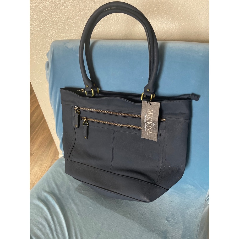 Merona Timeless Collection Navy Blue Tote Bag NWT Faux Leather Shoulder Bag